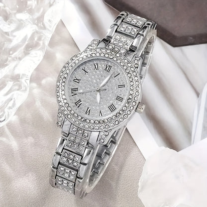 Glamorous 6pcs/set Womens Luxury Rhinestone Quartz Watch with Rome Numerals