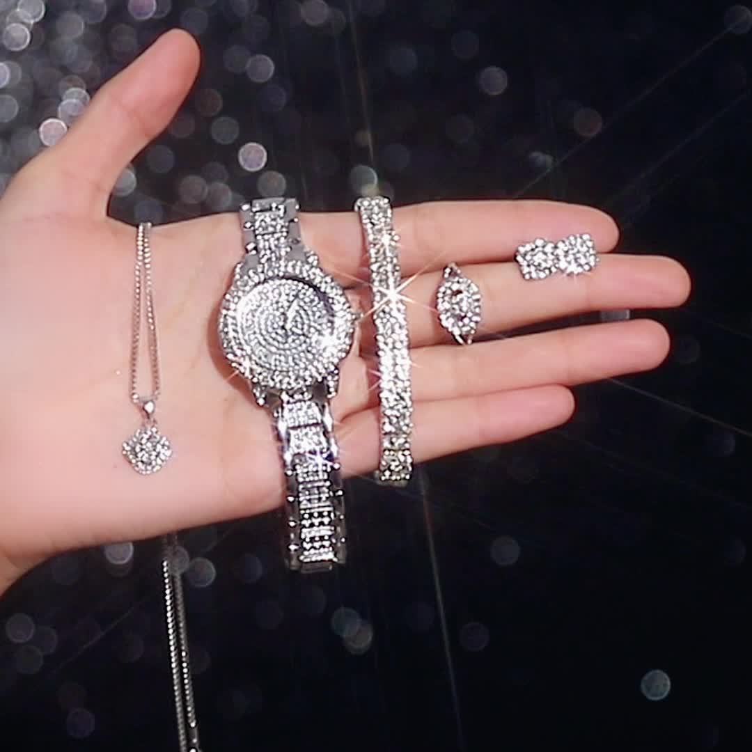 Glamorous 6pcs/set Womens Luxury Rhinestone Quartz Watch with Rome Numerals