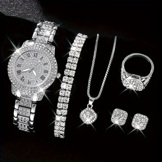 Glamorous 6pcs/set Womens Luxury Rhinestone Quartz Watch with Rome Numerals