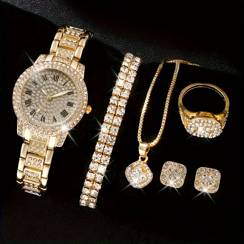 Glamorous 6pcs/set Womens Luxury Rhinestone Quartz Watch with Rome Numerals