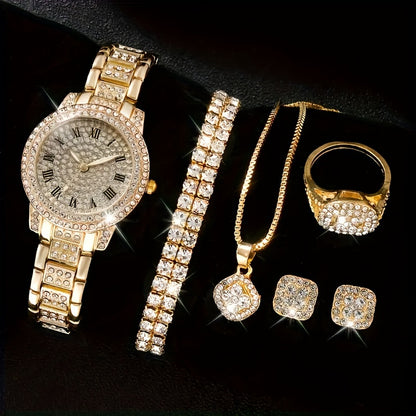 Glamorous 6pcs/set Womens Luxury Rhinestone Quartz Watch with Rome Numerals